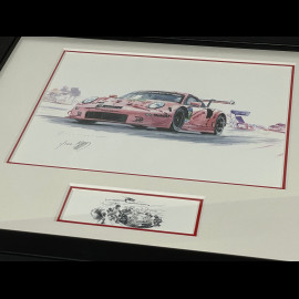 Porsche Rahmen 991 RSR GTE " Pink Ping / Rosa Sau " N° 92 1971 Schwarzer Holzrahmen mit Skizze 25 x 30 cm - Uli Ehret
