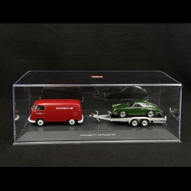 Volkswagen T1 Combi Porsche Renndienst mit Anhänger + Porsche 901 1963 Rot / Dunkelgrün Metallic 1/43 Schuco 450731300