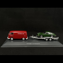Volkswagen T1 Combi Porsche Renndienst mit Anhänger + Porsche 901 1963 Rot / Dunkelgrün Metallic 1/43 Schuco 450731300