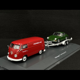 Volkswagen T1 Combi Porsche Renndienst mit Anhänger + Porsche 901 1963 Rot / Dunkelgrün Metallic 1/43 Schuco 450731300