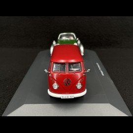 Volkswagen T1 Combi Porsche Renndienst mit Anhänger + Porsche 901 1963 Rot / Dunkelgrün Metallic 1/43 Schuco 450731300