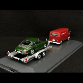 Volkswagen T1 Combi Porsche Renndienst mit Anhänger + Porsche 901 1963 Rot / Dunkelgrün Metallic 1/43 Schuco 450731300