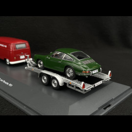 Volkswagen T1 Combi Porsche Renndienst mit Anhänger + Porsche 901 1963 Rot / Dunkelgrün Metallic 1/43 Schuco 450731300