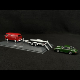 Volkswagen T1 Combi Porsche Renndienst mit Anhänger + Porsche 901 1963 Rot / Dunkelgrün Metallic 1/43 Schuco 450731300