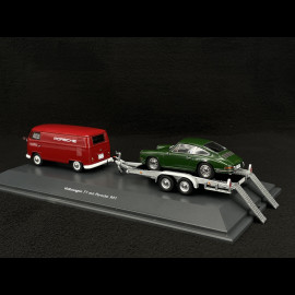 Volkswagen T1 Combi Porsche Renndienst mit Anhänger + Porsche 901 1963 Rot / Dunkelgrün Metallic 1/43 Schuco 450731300
