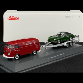 Volkswagen T1 Combi Porsche Renndienst with Trailer + Porsche 901 1963 Red / Dark Green Metallic 1/43 Schuco 450731300