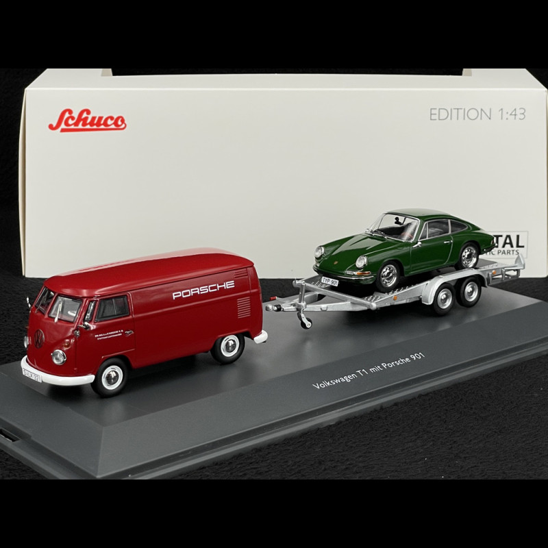 Volkswagen T1 Combi Porsche Renndienst with Trailer + Porsche 901 1963 Red / Dark Green Metallic 1/43 Schuco 450731300