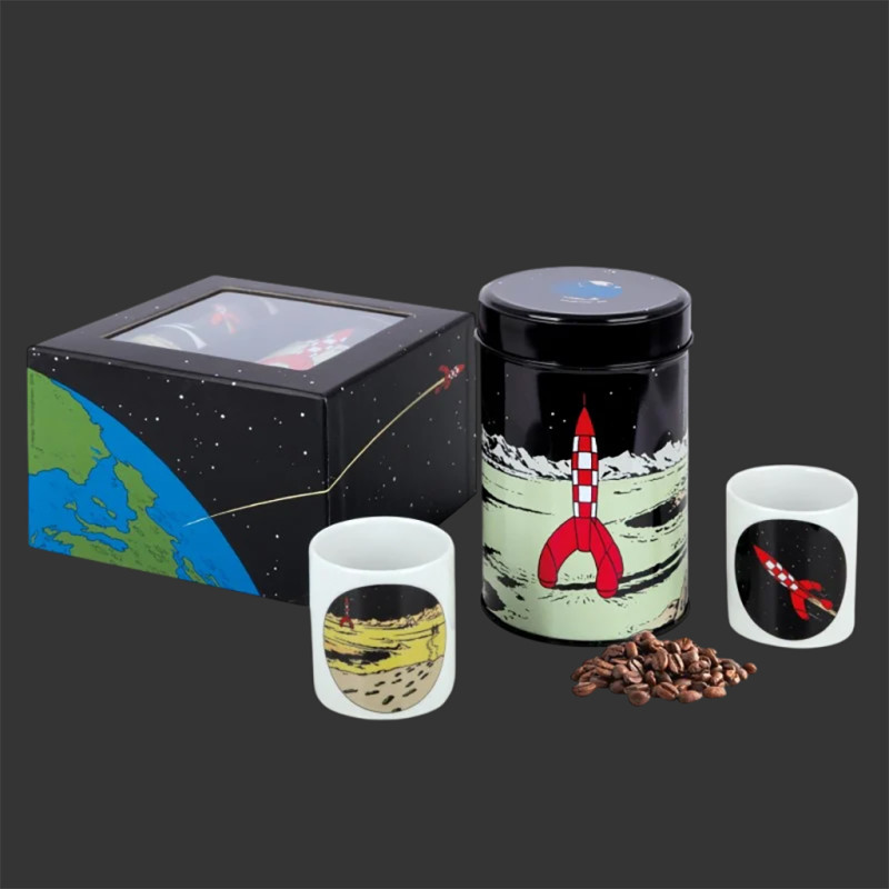 Tim und Struppi Geschenkset - Bio Kaffee mit Tassen - Reiseziel Mond / Die Mondlandung 17009