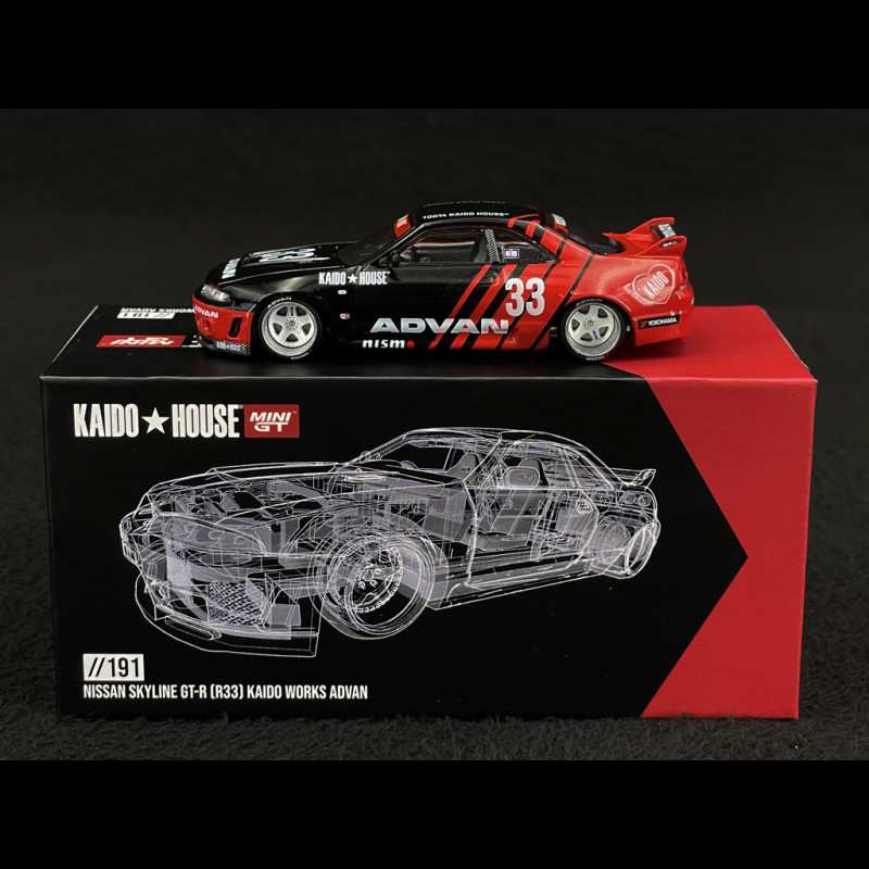 Nissan Skyline GT-R R33 Kaido Works Advan Schwarz / Rot 1/64 Mini GT KHMG191