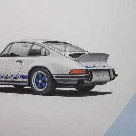 Porsche Poster 911 Carrera RS 2.7 1973 Grand Prix Weiß / Blaue Streifen 50 x 70 cm PROD01000115