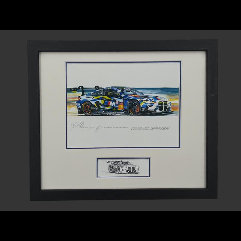 BMW Rahmen M4 GT3LM n° 46 24h Le Mans 2024 Maestro Valentino Schwarzer Holzrahmen mit Skizze 25 x 30 cm - Uli Ehret