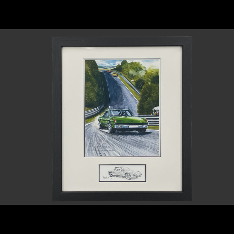 Porsche Rahmen 914 Nürburgring Schwarzer Holzrahmen mit Skizze 25 x 30 cm - Uli Ehret