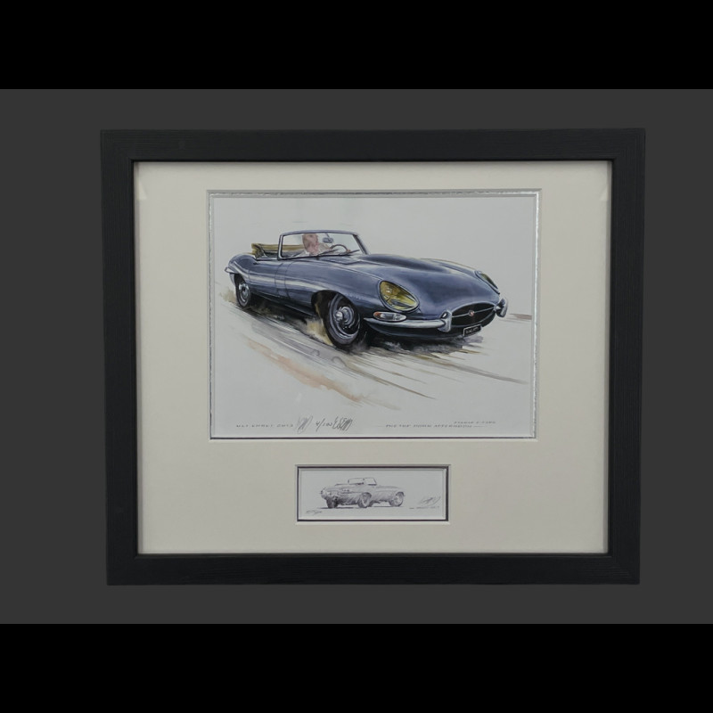 Jaguar Rahmen E-Type Staffel 1 Cabriolet 1963 Schwarzer Holzrahmen mit Skizze 25 x 30 cm - Uli Ehret