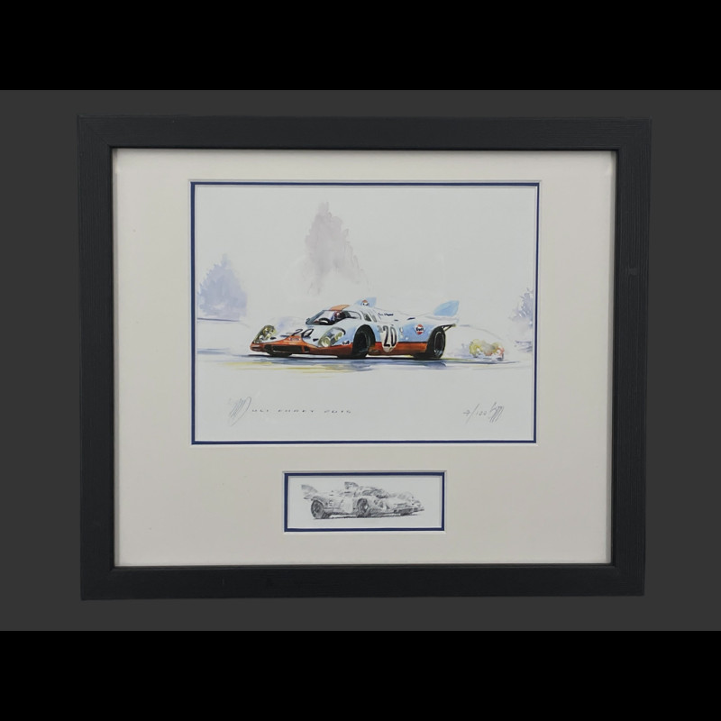 Porsche Frame 917 K n° 20 Gulf 24h Le Mans 1970 The Ghosts of Le Mans Black Wooden Frame with Sketch 25 x 30 cm - Uli Ehret