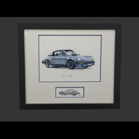 Porsche Rahmen 911 Targa SC Blaue Schwarzer Holzrahmen mit Skizze 25 x 30 cm - Uli Ehret