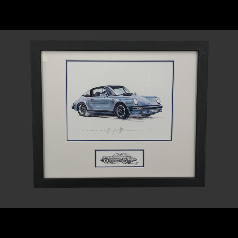 Porsche Frame 911 Targa SC Blue Black Wooden Frame with Sketch 25 x 30 cm - Uli Ehret