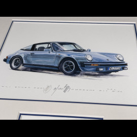 Porsche Rahmen 911 Targa SC Blaue Schwarzer Holzrahmen mit Skizze 25 x 30 cm - Uli Ehret