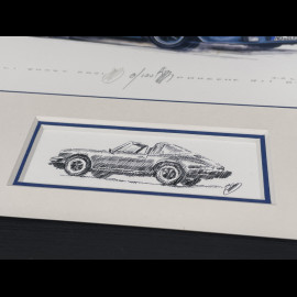 Porsche Rahmen 911 Targa SC Blaue Schwarzer Holzrahmen mit Skizze 25 x 30 cm - Uli Ehret