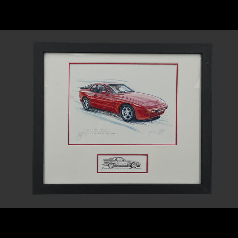 Porsche Rahmen 944 Rote Schwarzer Holzrahmen mit Skizze 25 x 30 cm - Uli Ehret