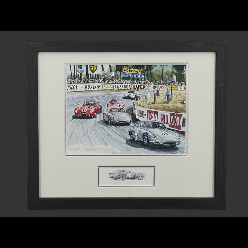 Ferrari Rahmen 250 GTO / Porsche 356B GTL Abarth / Maserati Tipo 151 Schwarzer Holzrahmen mit Skizze 25 x 30 cm - Uli Ehret