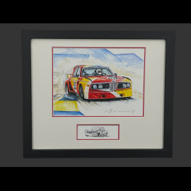 BMW Rahmen 3.0 CSL n° 93 Art Car René Calder 24h Le Mans 1975 Schwarzer Holzrahmen mit Skizze 25 x 30 cm - Uli Ehret