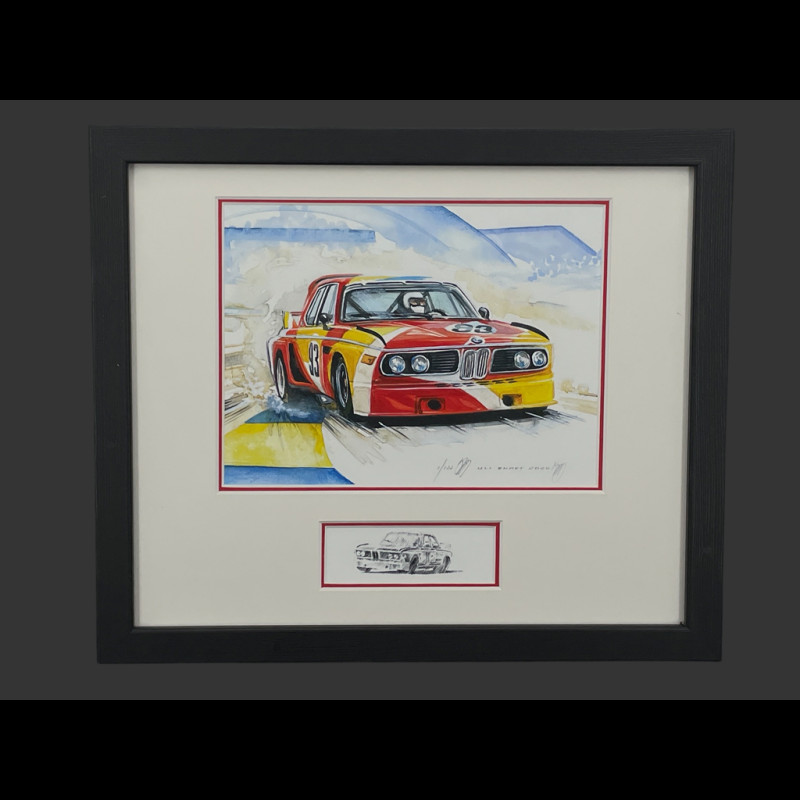 BMW Rahmen 3.0 CSL n° 93 Art Car René Calder 24h Le Mans 1975 Schwarzer Holzrahmen mit Skizze 25 x 30 cm - Uli Ehret