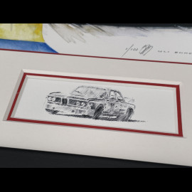 BMW Rahmen 3.0 CSL n° 93 Art Car René Calder 24h Le Mans 1975 Schwarzer Holzrahmen mit Skizze 25 x 30 cm - Uli Ehret