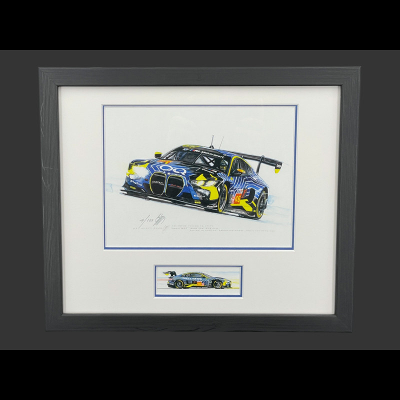 BMW Rahmen M4 GT3 Evo n° 46 24h Le Mans 2025 Schwarzer Holzrahmen mit Skizze 25 x 30 cm - Uli Ehret