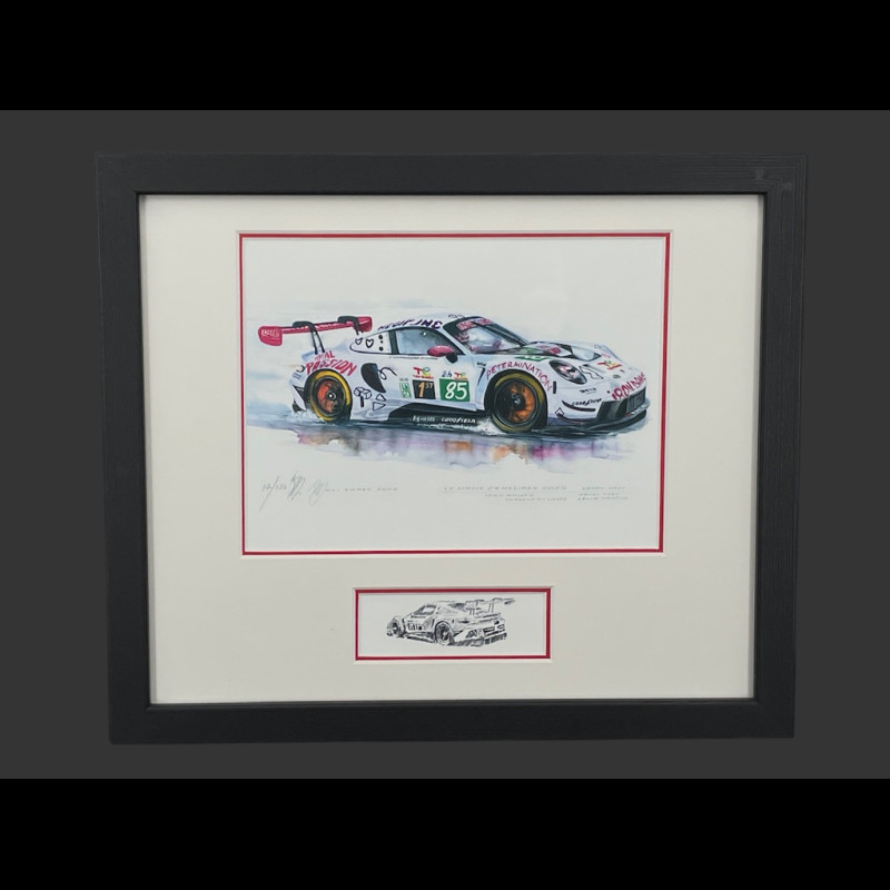 Porsche Rahmen 911 RSR Typ 991 n° 85 Iron Dames 24h Le Mans 2025 Schwarzer Holzrahmen mit Skizze 25 x 30 cm - Uli Ehret