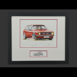 Volkswagen Rahmen Golf GTI Rote Schwarzer Holzrahmen mit Skizze 25 x 30 cm - Uli Ehret