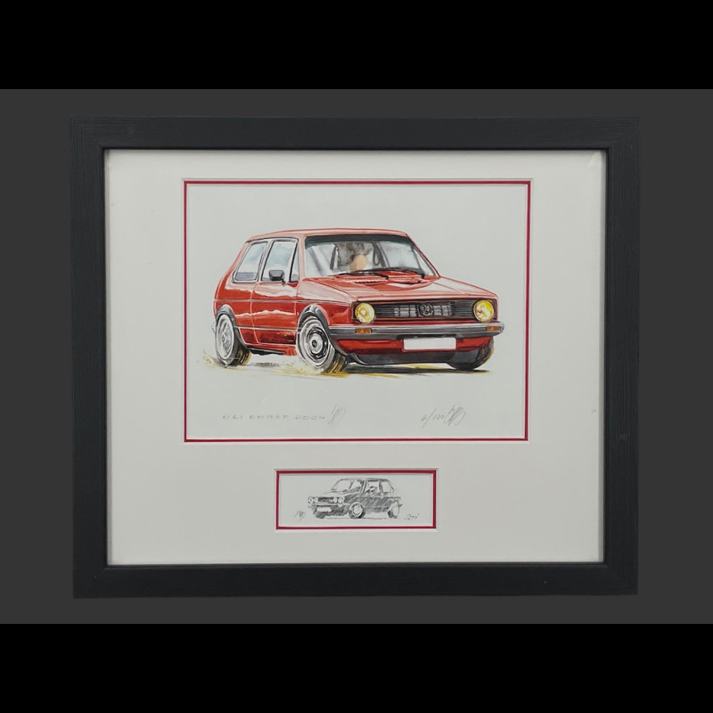 Volkswagen Rahmen Golf GTI Rote Schwarzer Holzrahmen mit Skizze 25 x 30 cm - Uli Ehret