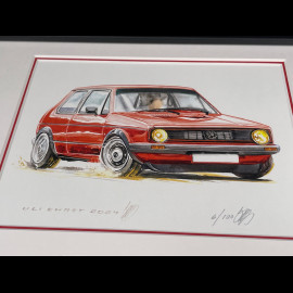 Volkswagen Rahmen Golf GTI Rote Schwarzer Holzrahmen mit Skizze 25 x 30 cm - Uli Ehret
