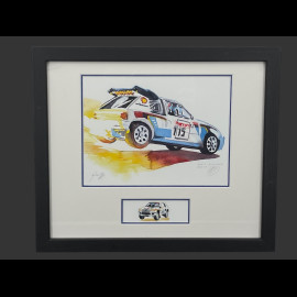 Peugeot Rahmen 205 Turbo 16 Rallye n° 15 Schwarzer Holzrahmen mit Skizze 25 x 30 cm - Uli Ehret