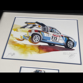 Peugeot Rahmen 205 Turbo 16 Rallye n° 15 Schwarzer Holzrahmen mit Skizze 25 x 30 cm - Uli Ehret