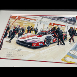 Porsche Rahmen 963 Penske n° 6 24h Le Mans 2024 Last Pitstop Schwarzer Holzrahmen mit Skizze 25 x 30 cm - Uli Ehret