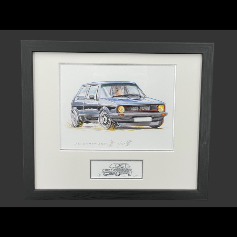Volkswagen Rahmen Golf GTI Schwarze Schwarzer Holzrahmen mit Skizze 25 x 30 cm - Uli Ehret