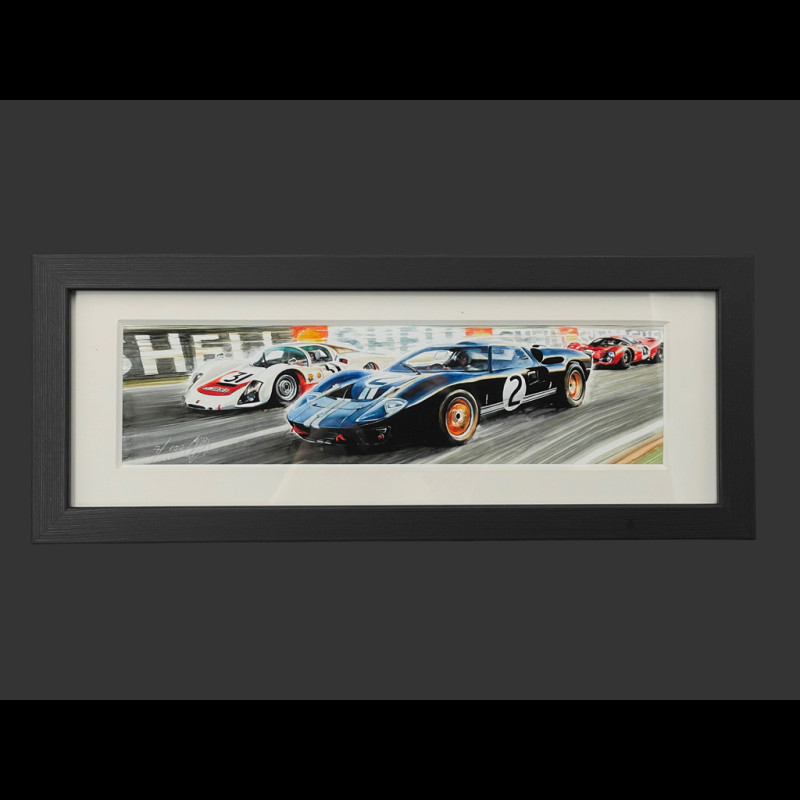 Ford Frame GT40 Mk.II n° 2 / Porsche 906/6L Carrera 6 n° 31 24h Le Mans 1966 Black Wooden Frame 38 x 15 cm - Uli Ehret