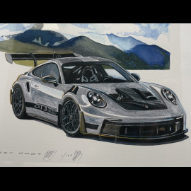 Porsche Frame 911 GT3 RS Type 992 2024 Weissach Package Black Wooden Frame with Sketch 40 x 50 cm - Uli Ehret