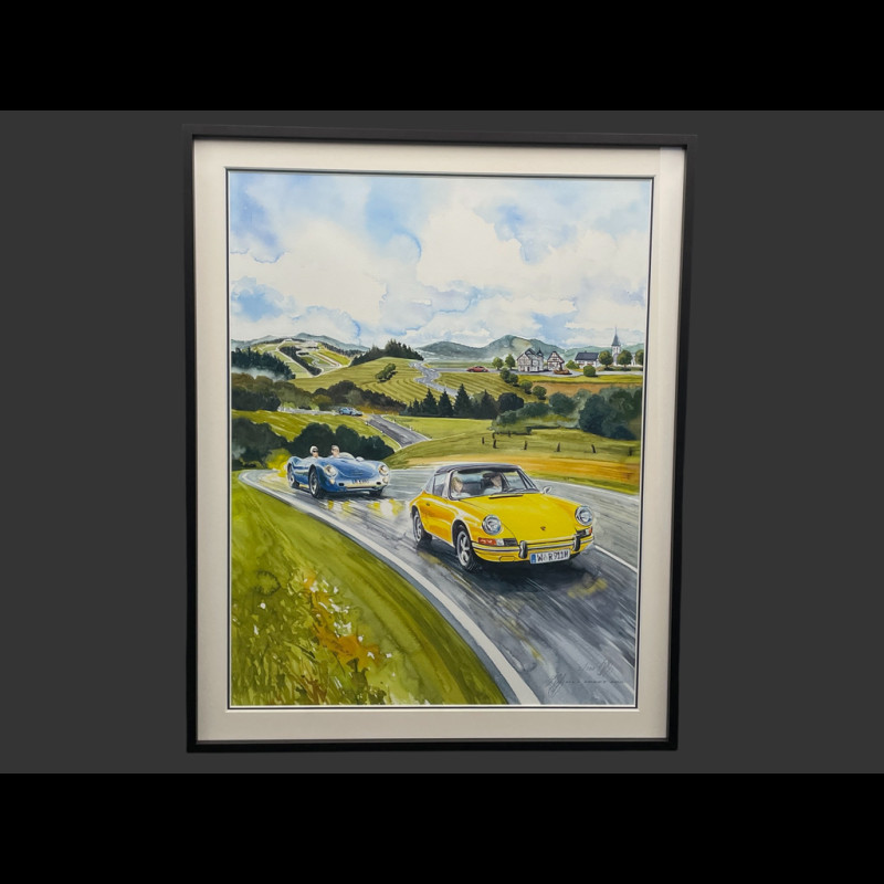 Porsche Frame 911 Targa Yellow / Porsche 550 Spyder Black Wooden Frame 40 x 50 cm - Uli Ehret