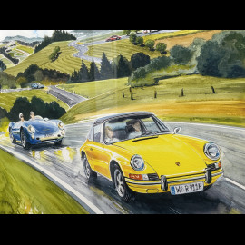 Porsche Rahmen 911 Targa Gelb / Porsche 550 Spyder Schwarzer Holzrahmen 40 x 50 cm - Uli Ehret
