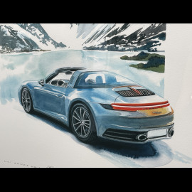 Porsche Rahmen 911 Targa 2025 Schwarzer Holzrahmen mit Skizze 40 x 50 cm - Uli Ehret