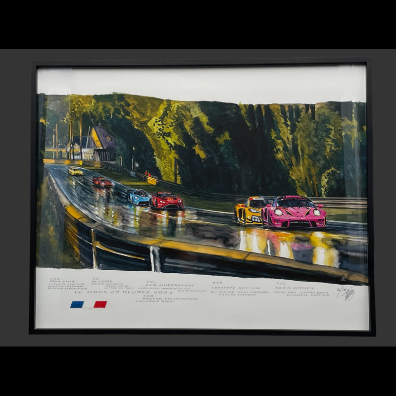 24h Le Mans Frame 2023 The Mulsanne Curve Black Wooden Frame with Sketch 40 x 50 cm - Uli Ehret