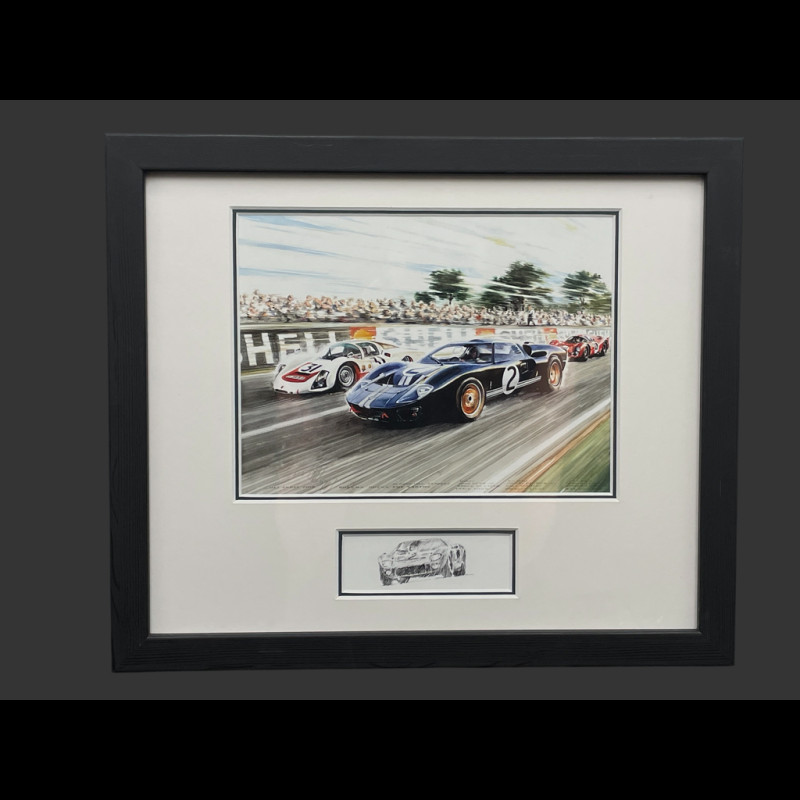 Ford Frame GT40 n° 2 / Porsche 906/6L n° 31 24h Le Mans 1966 Black Wooden Frame with Sketch 25 x 30 cm - Uli Ehret