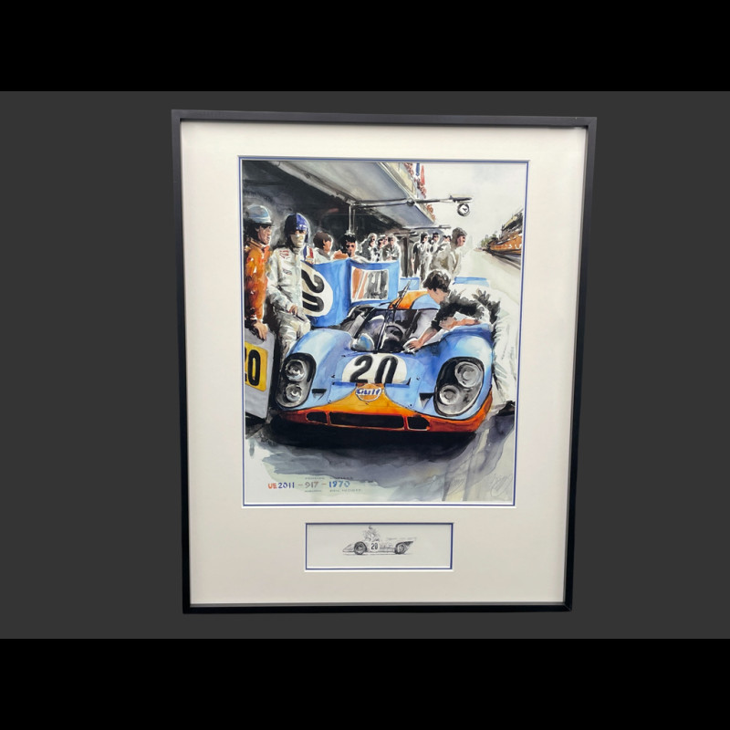 Steve McQueen Frame Porsche 917K n° 20 24h Le Mans 1970 Black Wooden Frame with Sketch 40 x 50 cm - Uli Ehret