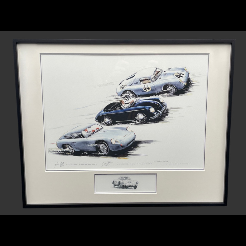 Porsche Frame 356 Abarth Carrera GTL / 356 Speedster / 550 A Coupe Black Wooden Frame with Sketch 40 x 50 cm - Uli Ehret