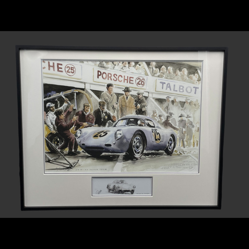 Porsche Rahmen 550A / 4RS Coupé n° 25 24h Le Mans 1956 Schwarzer Holzrahmen mit Skizze 40 x 50 cm - Uli Ehret