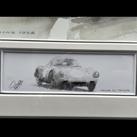 Porsche Frame 550A / 4RS Coupé n° 25 24h Le Mans 1956 Black Wooden Frame with Sketch 40 x 50 cm - Uli Ehret