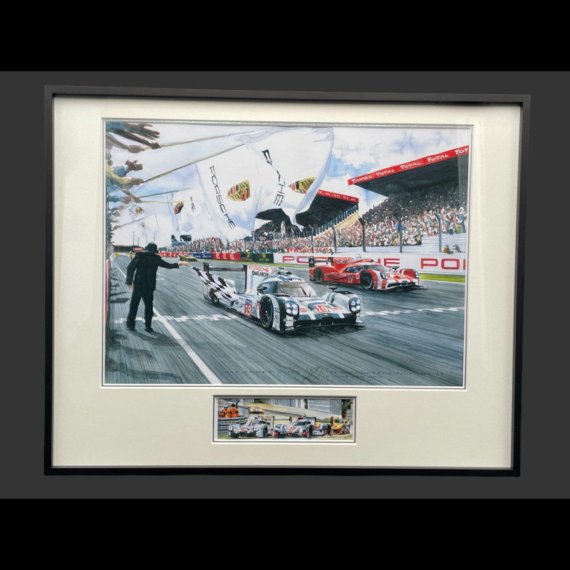 Porsche Frame 919 Hybrid n° 19 Winner 24h Le Mans 2015 Black Wooden Frame with Sketch 40 x 50 cm - Uli Ehret
