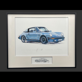 Porsche Rahmen 911 Targa SC Blau Schwarzer Holzrahmen mit Skizze 40 x 50 cm - Uli Ehret