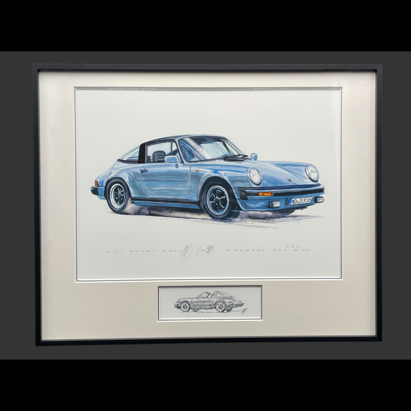 Porsche Rahmen 911 Targa SC Blau Schwarzer Holzrahmen mit Skizze 40 x 50 cm - Uli Ehret